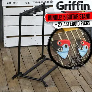 BLACK MOUNTAIN Asteroid Three in One Guitar Pick (2 Pack Guitar Bundle) Five Guitar Rack Stand by GRIFFIN | Holder for 5 Guitars & Folds Up For Easy Transport, Neoprene Tubing (Stage-NestPRO Series)