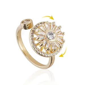 Spinning adjustable Rings for Women, Fidget Anxiety Worry Spinner Ring Gold Crystal Anxiety Relief Spinning Ring , Spinning Rings, Adjustable Open Ring Discreet Calming Gifts for Women ﻿  ﻿