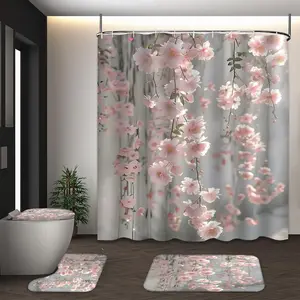 LVRLVR 4Pcs Hanging Cherry Blossom Print Soft Pink Floral Romantic Multi-Color Shower Curtain Set 70.8×70.8 Inch