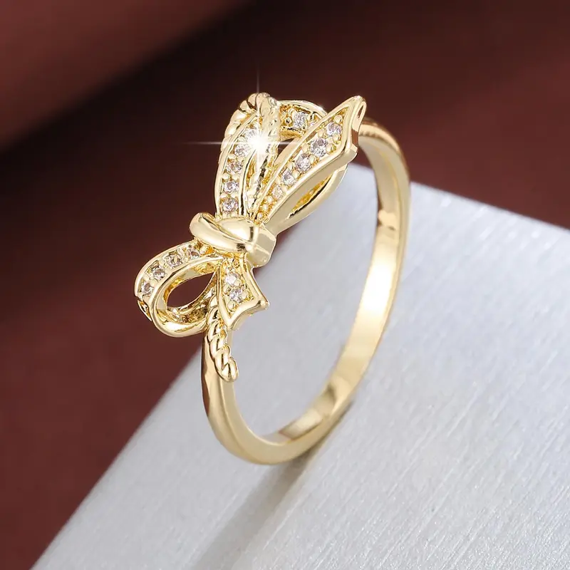 Women's Elegant Rhinestone Decorated Bow Design Ring, Princess Ring, Statement Ring, Artificial Gemstone Ring, Exquisite Copper Trendy Ring, Fashionable Jewelry for Women As Gift, Jewelry Gifts, Jewelry Accessories, Elegant Fashion Rings