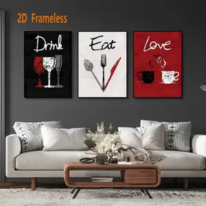 3-Piece Set  Frameless  Love, Drinks, and Food Posters  Canvas Prints  Retro Black, White, and Red Background Food-Themed Wall Art  Home and Kitchen Decor