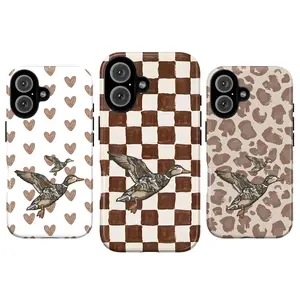 Vintage Mallard Duck Aesthetic Phone Case – Camo Flying Duck Phone Cover for iPhone 17 16 15 14 13 12 11 Pro Max XR XS & Galaxy S26 S25 S24 S23 S22 | Old School Camo Tough Case, Waterfowl Hunting Camo Protective Cover | Rustic Brown Checkerboard & Cheetah