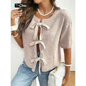 Women's Plain Tie Front Fitted Sweater Cardigan, Casual Short Sleeve Knitwear for Daily Wear, Ladies Clothes for All Seasons, Womenswear
