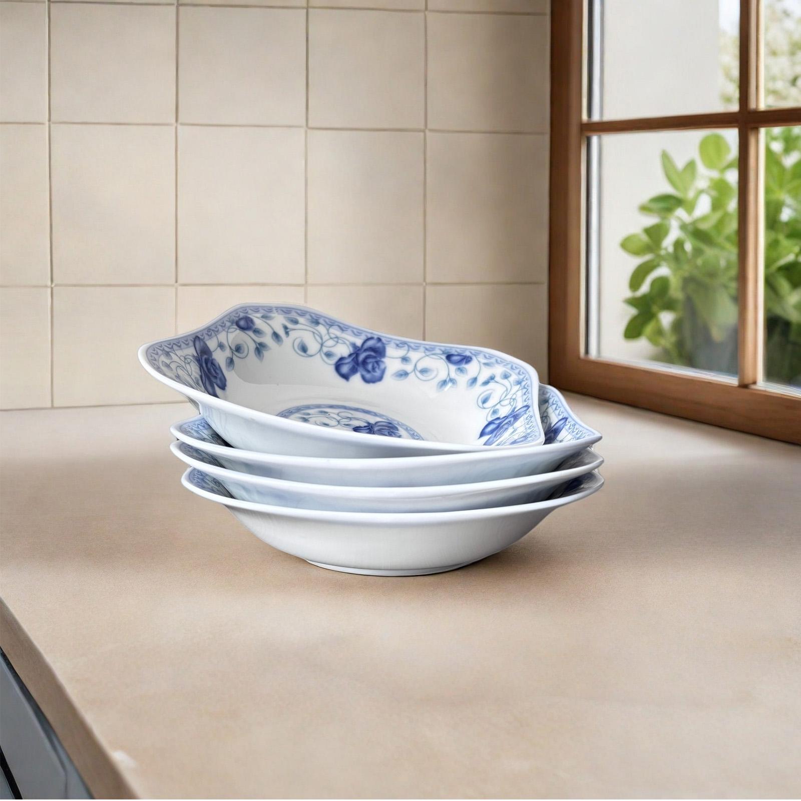 Viral Chinese Style Blue Rose Square Plates Set of 4! 8 Inch Underglaze Ceramic Serving Plates, Microwave & Dishwasher Safe, Thickened Anti-Scald Stackable Plates for Pasta, Salad, Home Kitchen Upgrade Must-Have!