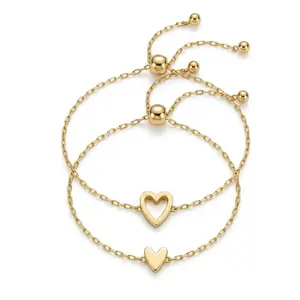 2Pcs 14K Gold Plated Heart Adjustable Bracelets, Dainty Stackable Layered Sliding Chain Bangle, Minimalist Heart Charm Jewelry, Perfect Mother's Day Gifts for Mom, Women and Girls