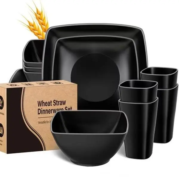 Wheat Straw Dinnerware Set for 4 (16 PCS) - Unbreakable Sturdy Lightweight Plastic Bowls, Dinner Plates, Plates, Dishwasher & Microwave Safe, Black