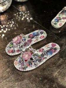 Boho Water Drill Sandals Women Summer Fairy Style Flat Non-Slip One Strap Beach Shoes, Casual Comfortable Footwear for Daily Wear