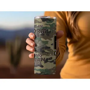 Military Veteran Tumbler, US Army Camouflage Design, Army Boots and Helmet, Patriotic Gift for Veterans, Military Appreciation Tumbler
