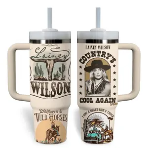 Lainey Wilson Music Custom Tumbler 40oz with Handle, Country Western Aesthetic Cup, Bell Bottom Country Fan Gift, Rodeo Cowgirl Style Mug, Personalized Name Travel Mug, Stainless Steel Tumbler