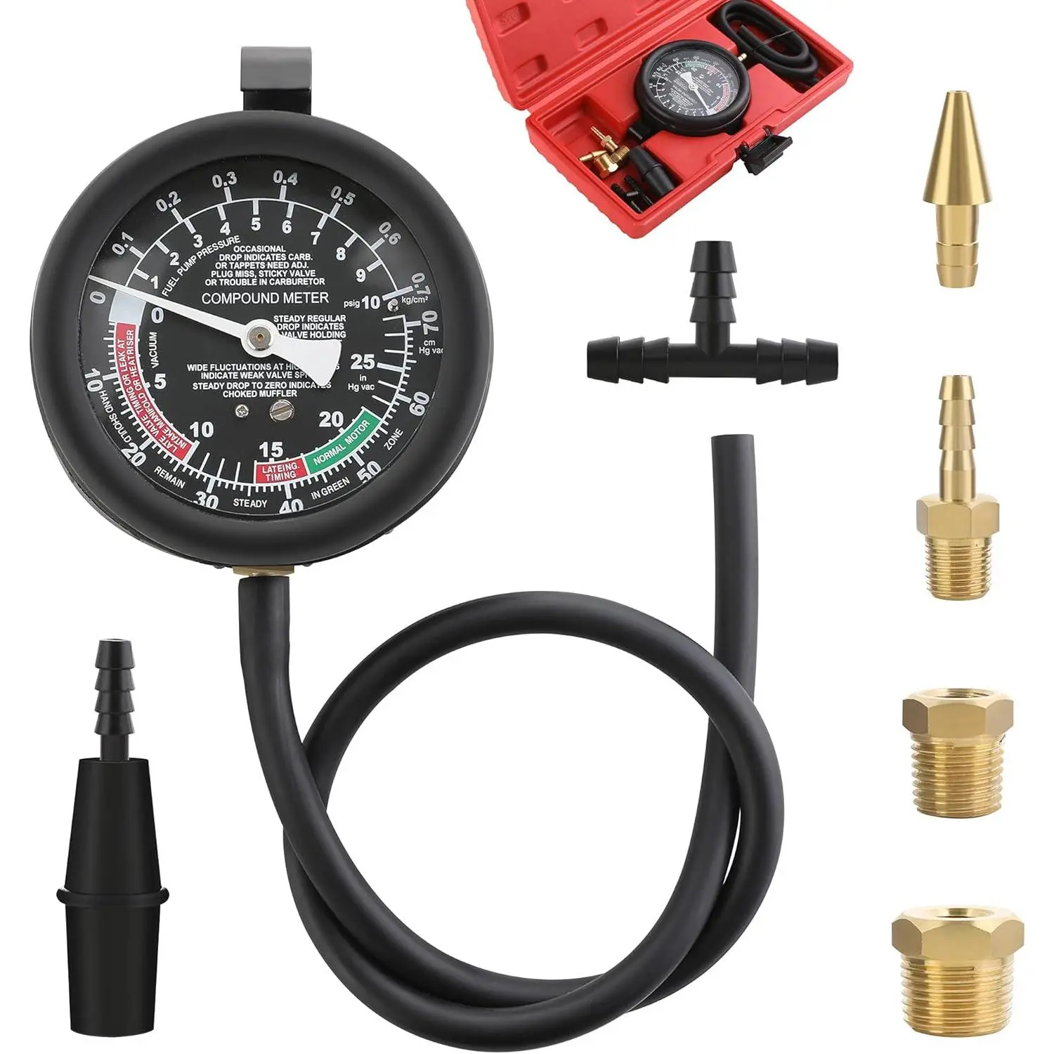 Automotive Fuel Pump & Vacuum Tester Gauge Set - Universal Fit Manifold Gauge Kit, Vehicle Carburetor Diagnostic Tools for Leak Test & Pressure Check Repair