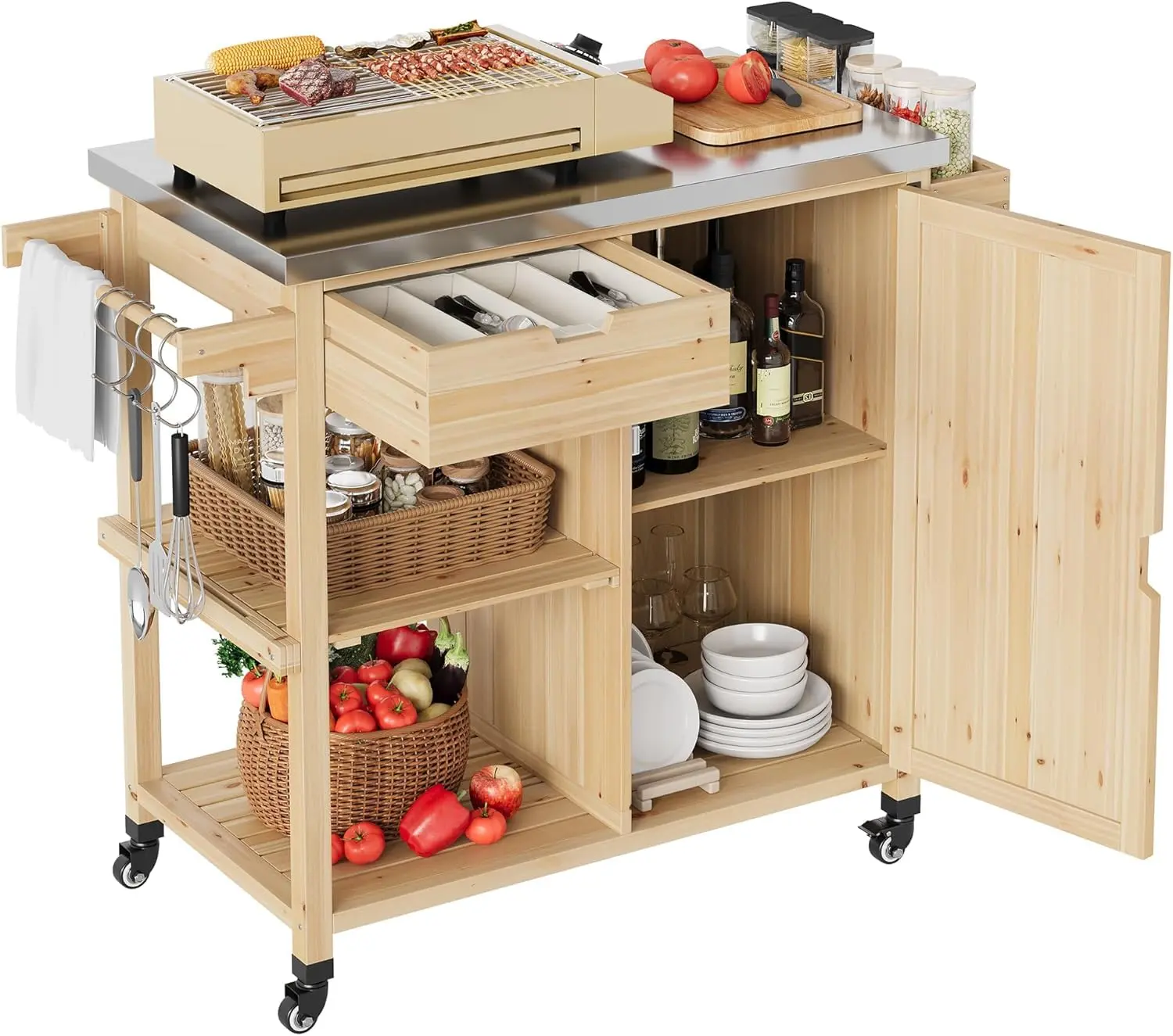 Outdoor Grill Cart with Wheels and Stainless Steel Top,Wood BBQ Cart Prep Table with Drawer & Open Shelves,Portable Rolling Kitchen Island