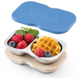 2 Pack Stainless Steel 2-Compartment Small Snack Containers with Lids, Reusable Snack Pack Containers, Lunch Box Accessories,Double Compartment Salad Dressing Containers to Go, 5.3oz