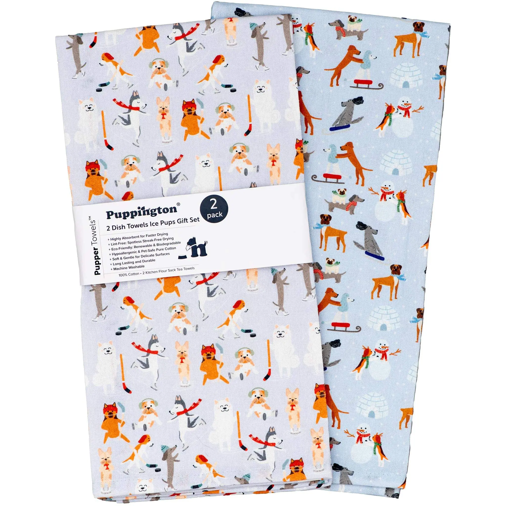 Puppington Dog Kitchen Towels - Ice Hockey Mom Gift Kitchen Towels - Christmas Decor - Winter Holiday Dog Tea Towels - Ice Skating Winter Tea Towel Set - 2-Pack (Ice Pups)