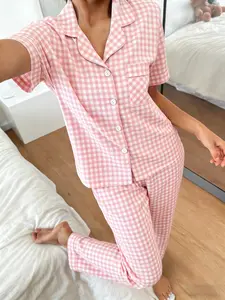 Women's Short Sleeve Long Pants Cardigan Sleepwear Set, Plaid Full Print, Soft Breathable Casual Home Wear, Pajama Loungewear Homewear