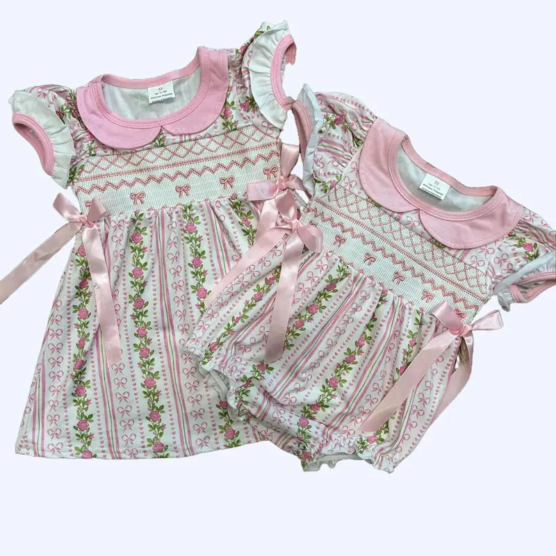 Sister & Baby Matching Outfit, Cute Pink Floral Dress & Smoky Bubble Romper Set, Cotton Blend Infant Toddler Summer Clothes, Baby Clothes Girl, Infant Toddler Clothes