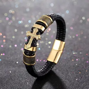 Hip-hop Braided Cross Leather Bracelet for Men - Trendy Diamond-encrusted Premium-feel Best-selling Minimalist & Versatile Accessories