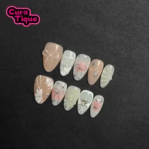 CuraTique | Frost Bloom 10PCS Handmade Press On Nails REUSABLE 3D Gel spring 2026 / Prom