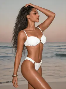 Women’s White Bikini Set – Trendy Ruched Two Piece Swimsuit, Sexy High-Stretch Fit for Summer Beach, Pool, Vacation & Resort Wear