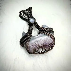 Wire Wrapped Druzy Amethyst Moon Pendant