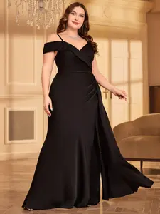 【Plus Size】 Plain Chiffon Overlay Side Split Tube Dress, Elegant Off Shoulder Evening Party Gown, Women's Clothes for All Seasons, Womenswear