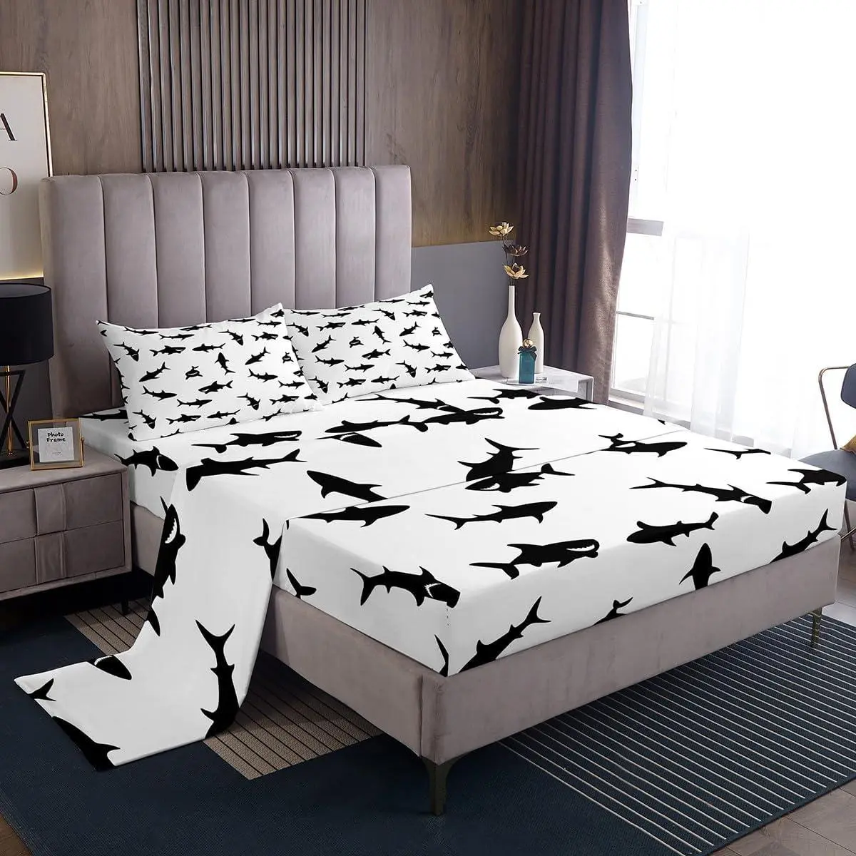 Shark Bed Sheets Set Ocean Marine Life Theme Sheet Set for Kids Boys Girls Decor White Print Sheets with Deep Pocket Fitted Sheet Microfiber Sea Animal Bedding Set Bedroom Black Bed Set