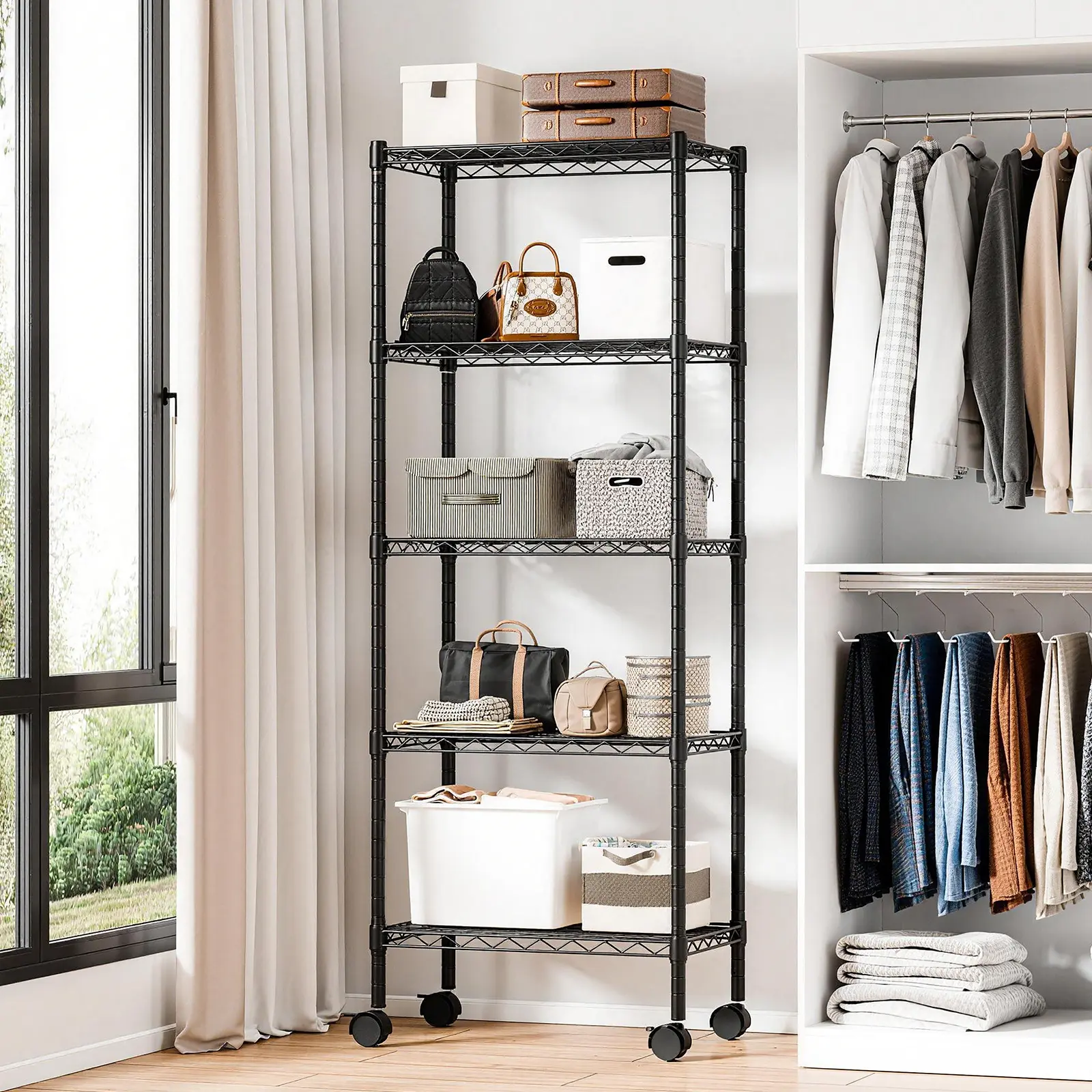 Sweetcrispy 5-Tier Metal Shelving & Storage, Powder-Coated Heavy-Duty Adjustable Height Rolling Rack with Caster Wheels, 200lb Bulk Storage Organizer for Garage Racks & Shelves, Closet Adjustable Rolling Cabinets