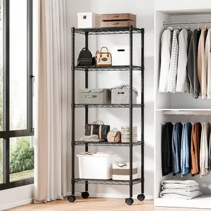 Heavy Duty Storage Shelves with Wheels, Adjustable Shelving Unit for Garage Kitchen Pantry, 200 lbs per Shelf, Black