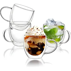 Set of 4 Double Walled Glass Coffee Mugs 6 Ounces Insulated Layer Coffee Cups with Handle Borosilicate Glass Espresso Cup for Hot Beverage,Cappuccino,Tea,Latte,Wine,Microwave Safe