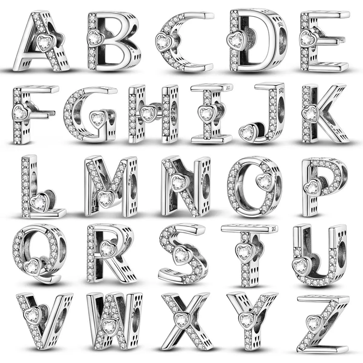 MULA 925 Sterling Silver Letter Pendant for Pandora Bracelets – A-Z Letter Beads, Set with Sparkling Heart-Shaped Cubic Zirconia, Personalized Initials Jewelry, a Gift for Women and Girls.
