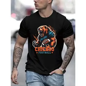 Chicago Football Graphic Plus Size T-Shirt for Men - Bold Bear Design with Flames, Casual Black Tee Perfect for Game Day or Everyday Wear - Stylish and Comfortable for Sports Fans
