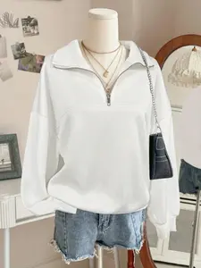 Half Zip Collared Knit Sweatshirt - Loose Fit Long Sleeve Pullover, Casual Quarter Zip Top for Fall Winter Streetwear & Daily Wear
