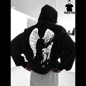 New[Plus Size] Angel Wings Print Hoodie, Men's Loose Street Hooded Sweatshirt for Daily Wear, Fashion Men Clothes for Spring & Fall