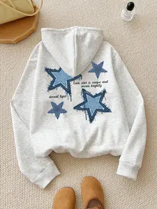 Women's Star & Letter Print Drop Shoulder Long Sleeve Thermal Lined Hoodie Pullover Tops, Fashion Casual Drawstring Pocket Hooded Sweatshirt for Daily Holiday Outdoor Wear, Women Clothing for Fall & Winter, Womenswear, Piece