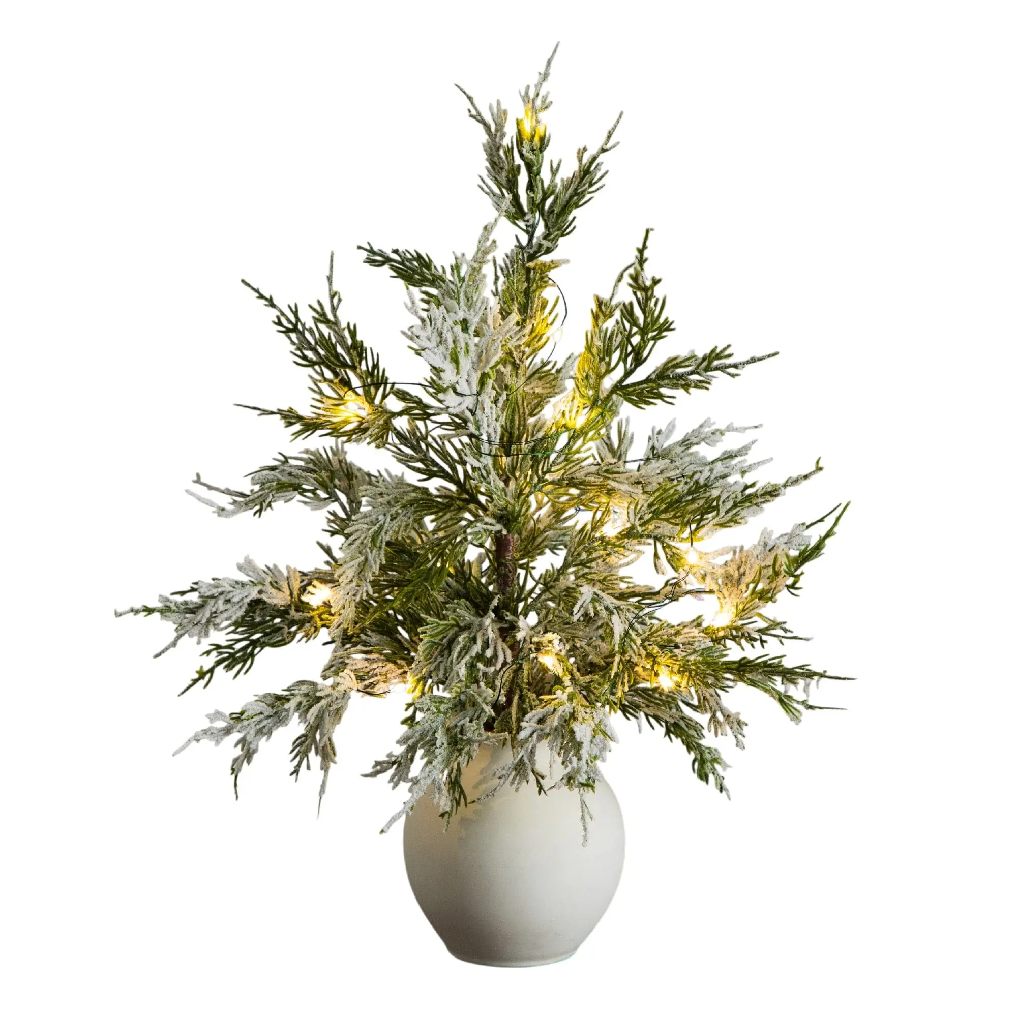 18" Pre-Lit Flocked Synthetic Cypress Mini Christmas Tree - Artificial Plants Decor with 12 Pre-Lit LEDs in White Ceramic Planter for Home Winter Magic Festive Decor