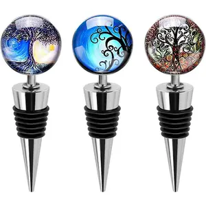 3 Pack Decorative  Stoppers,  Bottle Stopper with Beautiful Art Glass,  Beverage Bottle Stoppers for Bar, Gifts, Holiday Party, Kitchen Decor (Tree of Life)