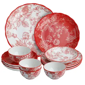 ArtClayz 12-Piece Rose Queen Dinnerware Set, Porcelain Plates with Red & White Design, Service for 4, Microwave and Dishwasher Safe