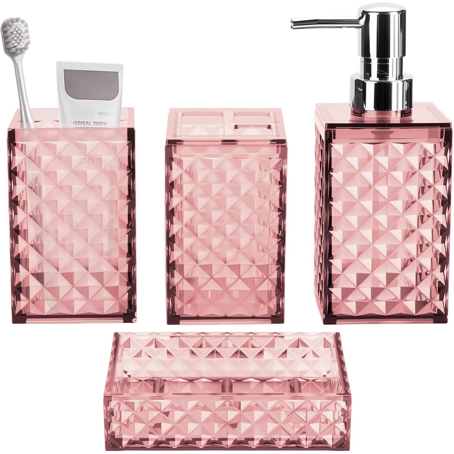 Bathroom accessory set, grid pattern 4-piece plastic bathroom set includes soap dispenser, soap dish, toothbrush holder, mouthwash cup, modern bathroom decor set (pink)