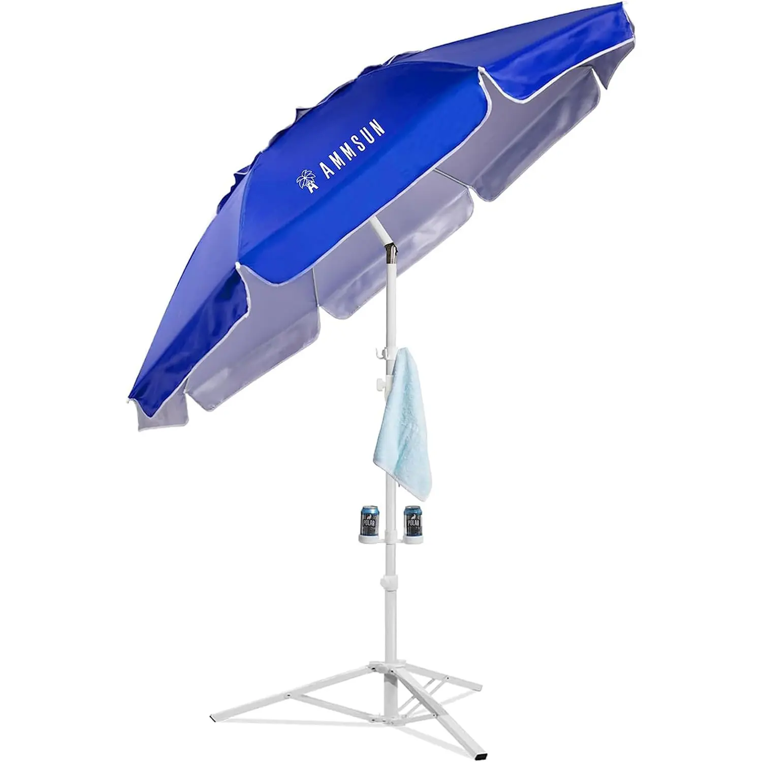 AMMSUN 6.5ft Portable Patio Umbrella with Stand - Outdoor Sun Shades for Patio, Adjustable Tilt, Fiberglass Ribs, Cup Holders, Carry Bag for Camping Sports, Blue, Umbrellas For Patio