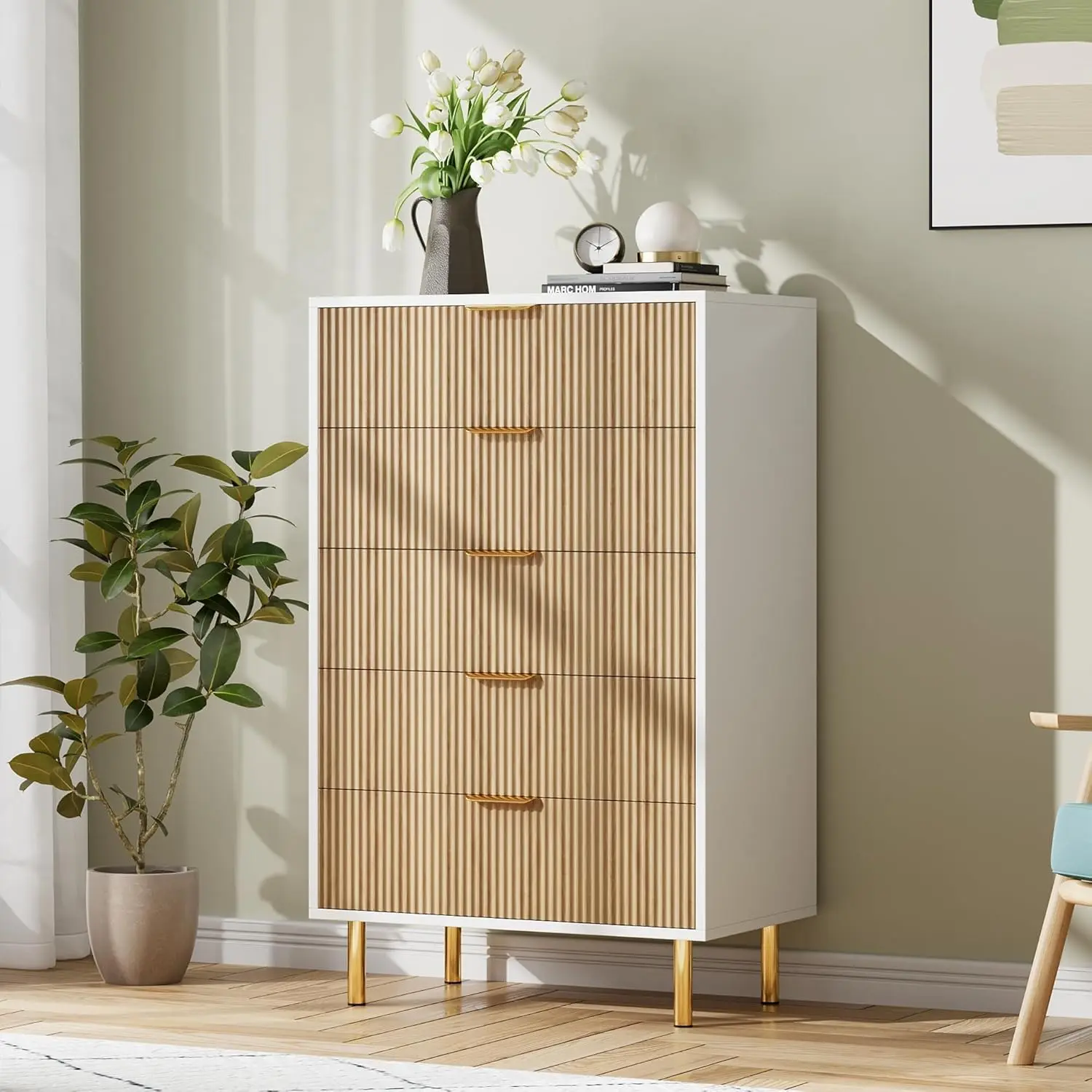 Gaomon 5-Drawer Oak Wooden Dresser - Modern Home Furniture, Large Size Rectangle Vertical Chest with Gold Handles, Grooved Panels, Anti-Tip Legs, Quick Setup Storage Organization Cabinet for Bedroom