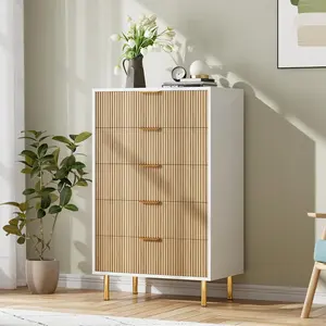 5 Drawer Dresser, Wood Chest of Drawers Organizer Storage with Gold Handle, Tall Storage Cabinet, for Bedroom, Living Room, Entryway, Oak