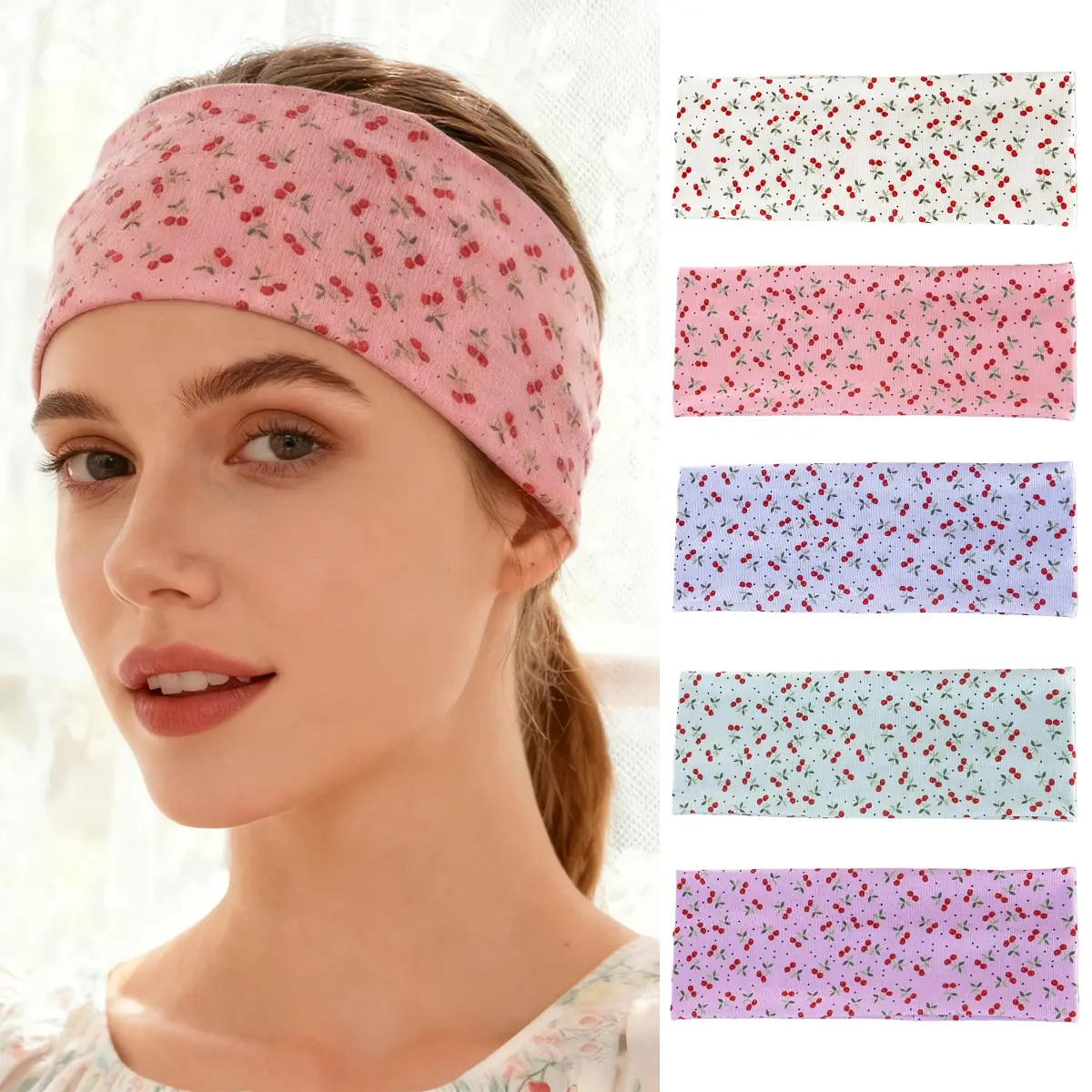 Women's Wide-Fit 1-Size Sweet Cherry Stretch Yoga Headband - Athletic Headbands, Sweatband, Athleisure Accessory, Fitness Hair Tie, Stylish Makeup Hair Accessory, Sweatband Headband