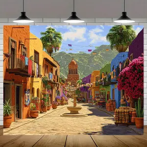 [Vibrant Mexican Backdrop] 1pc Vibrant Mexican Pueblo Sunset Backdrop Banner - Colorful Street Scene with Palm Trees, Fountains & Traditional Buildings | Durable Polyester | Ideal for Outdoor Celebrations, Home Decor & Party Backdrop Ornaments White