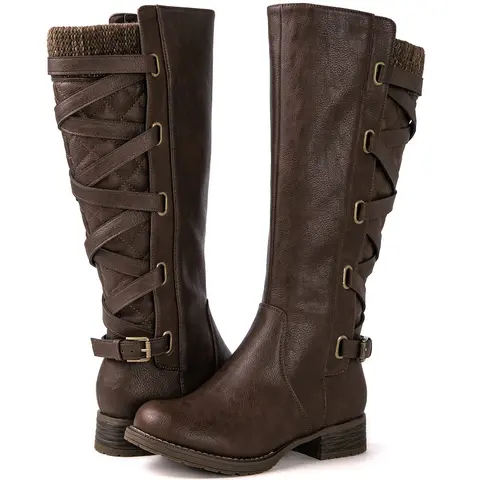 GLOBALWIN Women's Stylish Quilted Knit Knee-High Strappy Block Heel Boots with Zip, Shoes for Women for Chilly Day Style