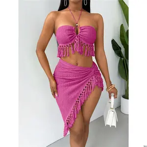 Vacation Halter Knit VaVaBold 2pcs Fringed Textured Neck Set