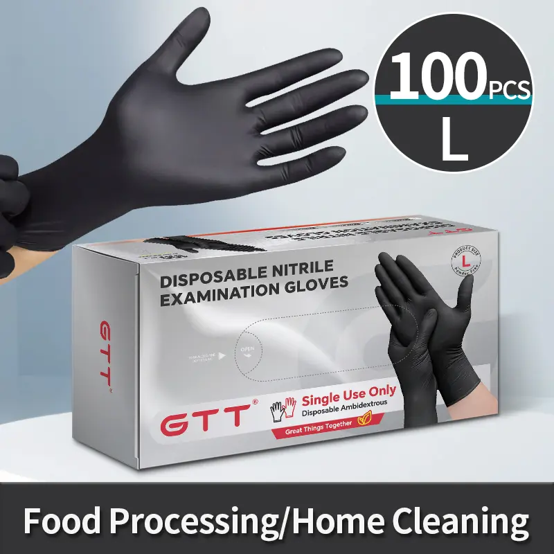 GTT 100 Pcs Disposable Black Hand Nitrile Material Exam Gloves - Latex-Free, Powder-Free, Non-Sterile, Thick, Heavy-Duty Gloves for Clinic, Home, Daily Use