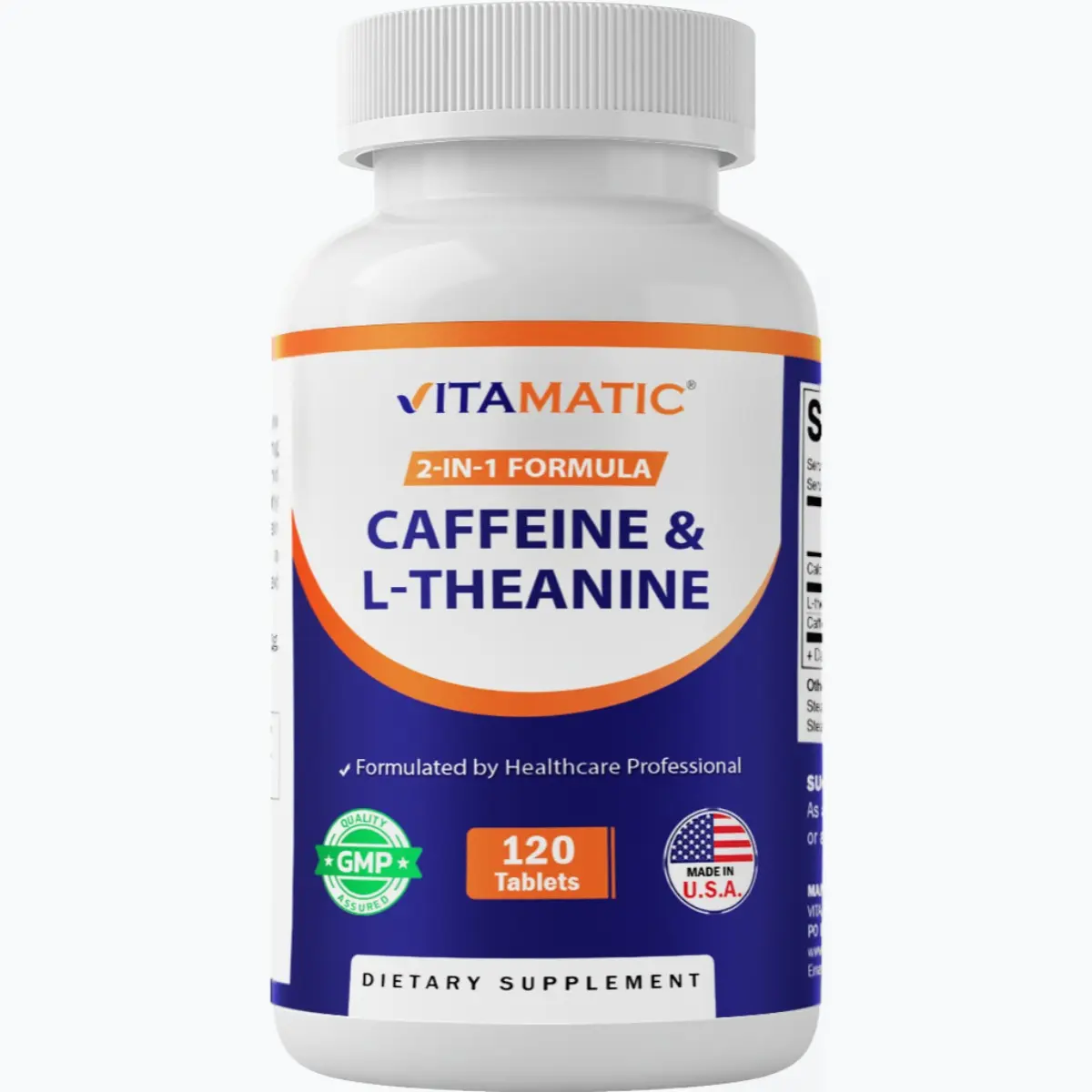 Vitamatic L-Theanine 200mg per Tablet with Caffeine 100mg Edible Nutritional Supplements - 120 Vegetarian Tablets, Sugar-Free, Gluten-Free Nootropic for Focused Energy, Fitness, Athletic Support & Calcium, Energy Vital Stamina Amino Acids