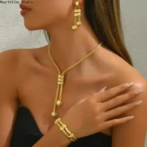 18K Electroplated Jewelry Set, Double Layer Necklace, Geometric Tassel Earrings and Woven Bracelet, Anti-allergy Fade Resistant Elegant Accessories, Daily Gift for Women