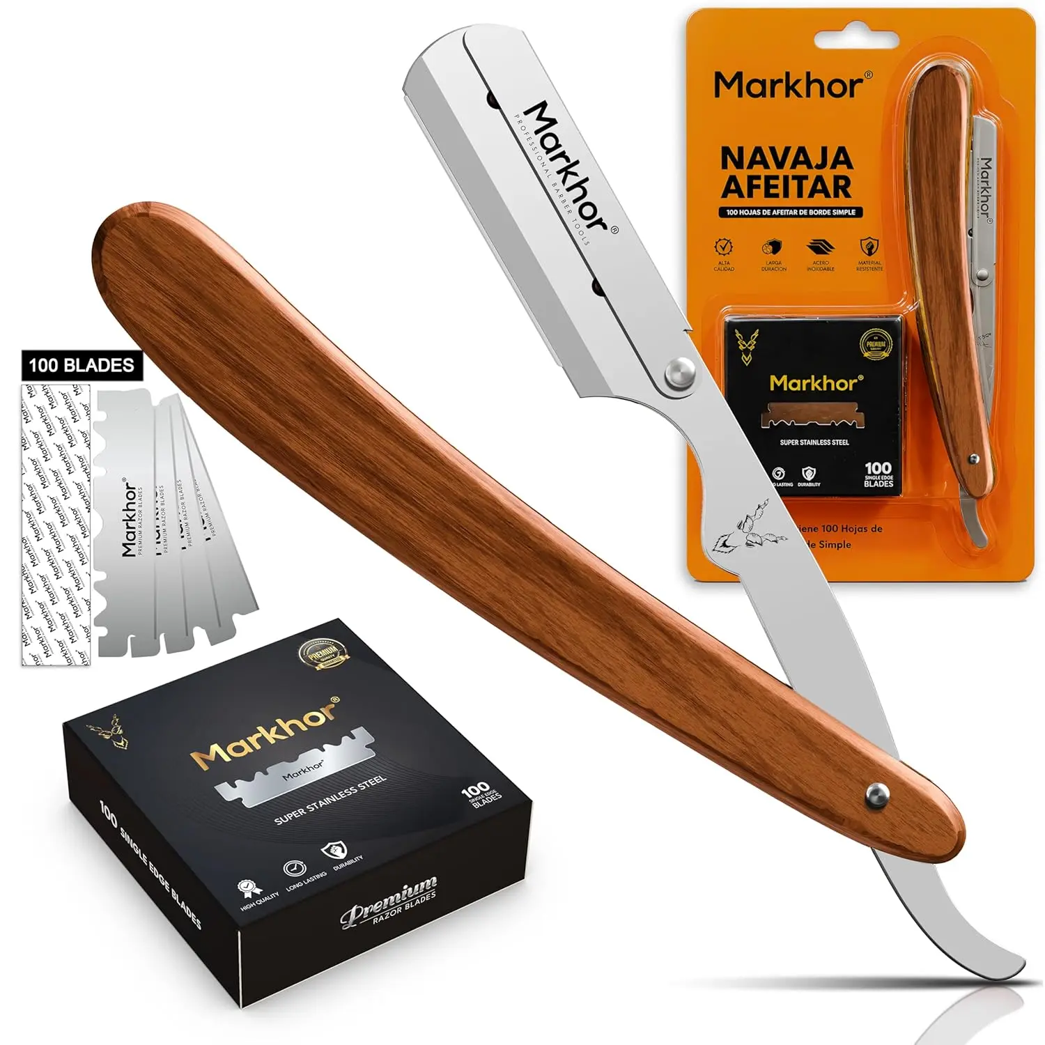 ® Straight Razors for Men with 100 Single Edge Razor Blades | Rose Wood Polish Barber Straight Razor | Straight Edge Razor | Barber Razor Blade | Navajas Para Barbero