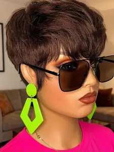 Natural Looking Pixie Cut Human Hair Wig with Bangs, Remy Hair Full Machine Made Wig, Straight Short Cut, Natural for Women