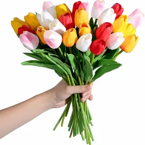 15-Piece Real Touch Tulips Artificial Flowers - 14" PU Faux Tulip Bouquet in Assorted Colors for Spring, Easter, Home, Kitchen, Wedding & Mother‘s Day Gift Decor